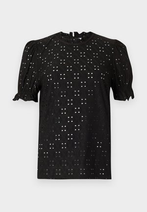 Fekete, rövid ujjú blúz, texturált, lyukacsos mintával, puffos ujjal és kerek nyakkivágással, hátul kulcslyukkal rögzítve.