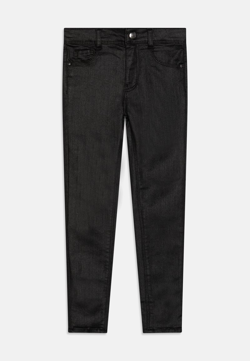Jean slim noir avec poches avant, passants de ceinture et fermeture à boutons, présenté à plat sur fond blanc.