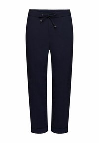 Pantalon bleu marine fuselé avec taille à cordon, poches avant et ourlets retroussés, conçu pour une tenue décontractée ou semi-formelle.