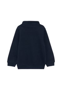 Marineblauw sweatshirt met een hoge kraag, lange mouwen, ribbels bij de mouwen en zoom. Gemaakt van zachte, gestructureerde stof zonder zichtbare patronen of versieringen.