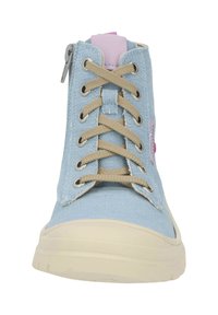Light blue high-top sneaker with beige laces and eyelets. Features a zip closure and a soft pink accent at the top. Rubber sole.