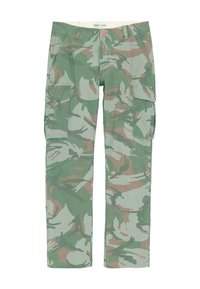 Kameele roheliste ja beežide tooni cargo-püksid, millel on mitmed taskud, sirged sääred ja tüüpiline vööline, millel on peen logo.