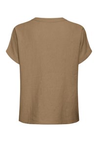 Brun kortærmet hørskjorte med rund halsudskæring, vist bagfra på en ensfarvet hvid baggrund.