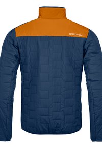 Navy blue insulated jacket with orange collar, featuring a quilted texture and logo detail on the upper back.