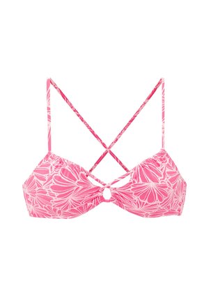 Pink-weißes florales Bikinioberteil mit dünnen verstellbaren Trägern, die sich am Rücken kreuzen, und einem kleinen mittleren Ringdetail.