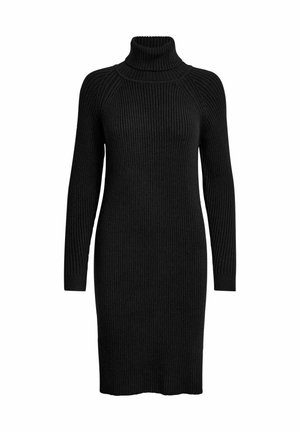 Schwarz gestricktes Kleid mit Rippstruktur, hohem Stehkragen und langen Ärmeln, mit einer figurnahen Silhouette und geradem Saum.