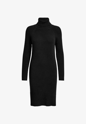 Schwarz gestricktes Kleid mit Rippstruktur, hohem Stehkragen und langen Ärmeln, mit einer figurnahen Silhouette und geradem Saum.