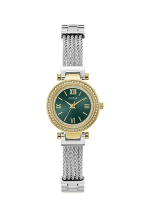 Runde goldene und silberne Armbanduhr mit grünem Zifferblatt, römischen Ziffern, mit Kristallen besetzter Lünette und silbernem geflochtenem Metallarmband.