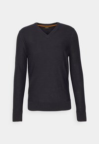 Marineblaues V-Ausschnitt-Pullover mit langen Ärmeln, gerippten Bündchen und Saum, aus glattem Stoff gefertigt. Verfügt über ein dezentes Logo auf der Brust.