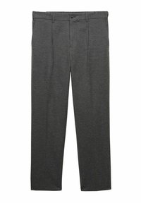Grijze wollen broek in een gemêleerde stof met een gladde textuur, voorzien van een platte voorkant, twee zijzakken en een enkele knoopsluiting in de taille.