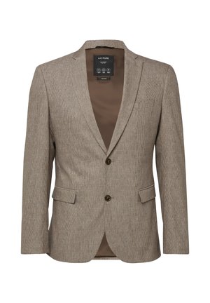 Blazer beige à carreaux pour homme avec revers crantés, fermeture à deux boutons, poches avant à rabats et doublure intérieure marron.