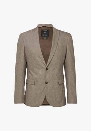 Beiger kariertes Herrenblazer mit Kerbkragen, Zwei-Knopf-Verschluss, vorderen Pattentaschen und braunem Innenfutter.