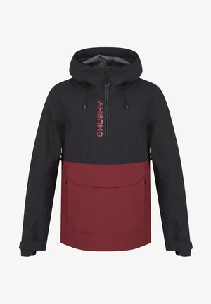 Vodotěsná bunda s černou horní částí a burgundskou dolní částí, velkou přední kapsou a nastavitelnou kapucí. Textový logo na hrudi.