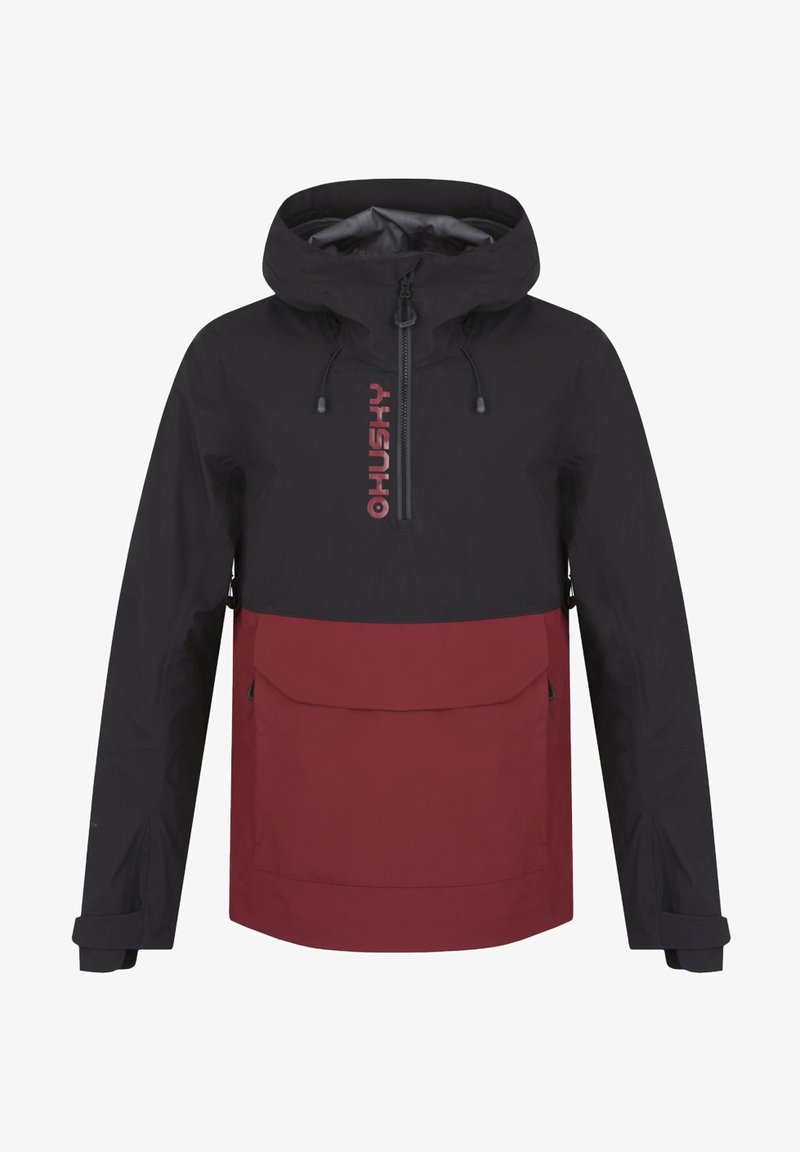 Vodotěsná bunda s černou horní částí a burgundskou dolní částí, velkou přední kapsou a nastavitelnou kapucí. Textový logo na hrudi.