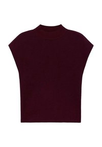 Suéter de pullover de manga corta color burdeos con cuello alto acanalado. Textura suave y un ajuste relajado y cuadrado. Sin patrones ni adornos adicionales.