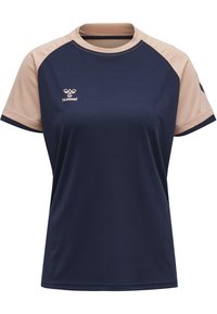 Mörkblå sporttröja med ljusbeiga raglanärmar, rund hals och liten hummel-logotyp på vänster bröst.