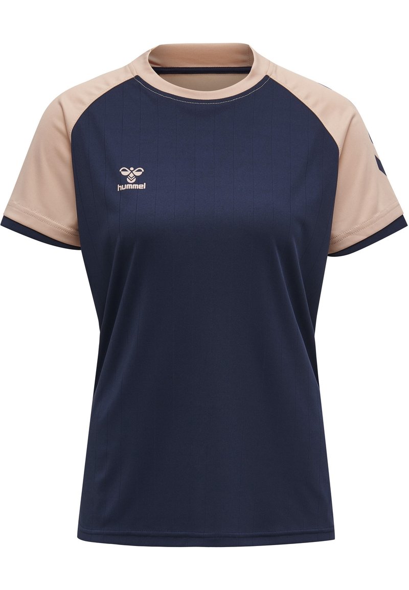 Mörkblå sporttröja med ljusbeiga raglanärmar, rund hals och liten hummel-logotyp på vänster bröst.