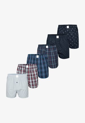 Herrenboxershorts mit verschiedenen Designs: einfarbig grau, kariert in Blau/Rot und dunkle Muster mit Punkten und kleinen Symbolen. Elastischer Bund mit Knöpfen.