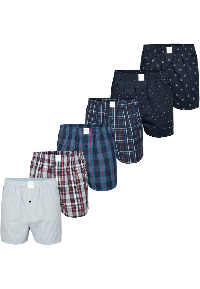 Boxer da uomo, con vari design: grigio uniforme, plaid blu/rosso e motivi scuri con punti e piccole icone. Vita elastica con bottoni.