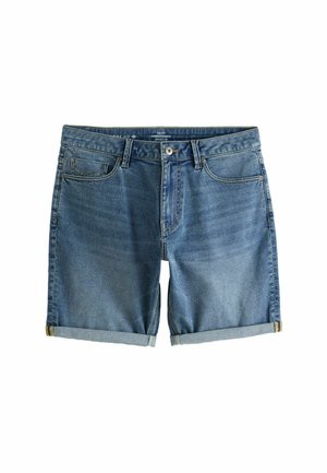 Short en denim bleu pour homme avec revers roulés, fermeture devant par bouton et zip, et design à cinq poches sur fond blanc.