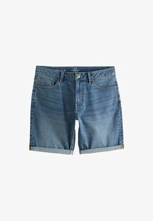 Short en denim bleu pour homme avec revers roulés, fermeture devant par bouton et zip, et design à cinq poches sur fond blanc.