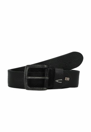 Zwarte leren riem met een gestructureerde afwerking, voorzien van een zilveren metalen gesp en accentdetails. Glad toelopend uiteinde voor een stijlvolle uitstraling.