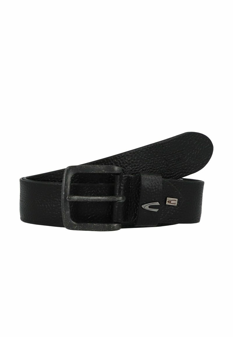 Zwarte leren riem met een gestructureerde afwerking, voorzien van een zilveren metalen gesp en accentdetails. Glad toelopend uiteinde voor een stijlvolle uitstraling.