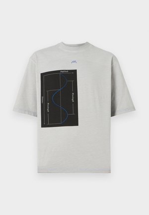 Grey cotton t-shirt featuring a black graphic design with blue lines and text. Short sleeves and crew neckline with blue stitching accents.