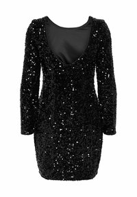 Vestido negro de lentejuelas con mangas largas y un escote en V profundo. Presenta una forma ajustada y un forro interno suave. Textura brillante con ricos detalles.