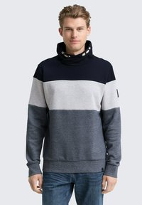 Pullover-Sweatshirt mit hohem Kragen, featuring marineblau, grau und hellgrau Farbblöcke, weichem Textil und gerippten Bündchen.