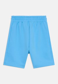 Pantalones cortos deportivos de color azul claro con una cintura elástica, exhibidos sobre un fondo blanco, destacando su diseño casual.