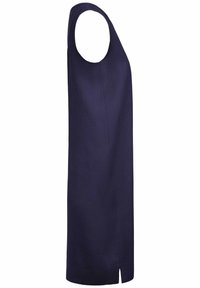 Marineblaues Leinenkleid mit ärmellosem Design, das über eine abgerundete Armausschnitt und einen Schlitz am unteren Saum für eine bessere Bewegungsfreiheit verfügt.