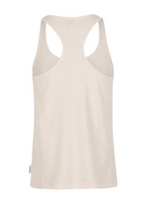 Ljusrosa linne i mjuk textur, med racerback-design och rak fåll. Diskret varumärkesetikett på sidan.