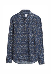 Marineblauwe button-up shirt met een bloemenpatroon in beige en wit, vervaardigd uit lichte stof met een gladde textuur.
