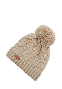 Berretto a maglia beige con un motivo testurizzato, un bordo a coste e un pompon fluffy sulla parte superiore. Presenta un piccolo etichetta del marchio marrone.
