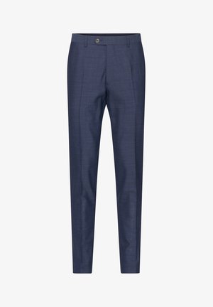 Navy blue tailored trousers with a smooth texture, straight cut, two front pleats, and a single button closure.