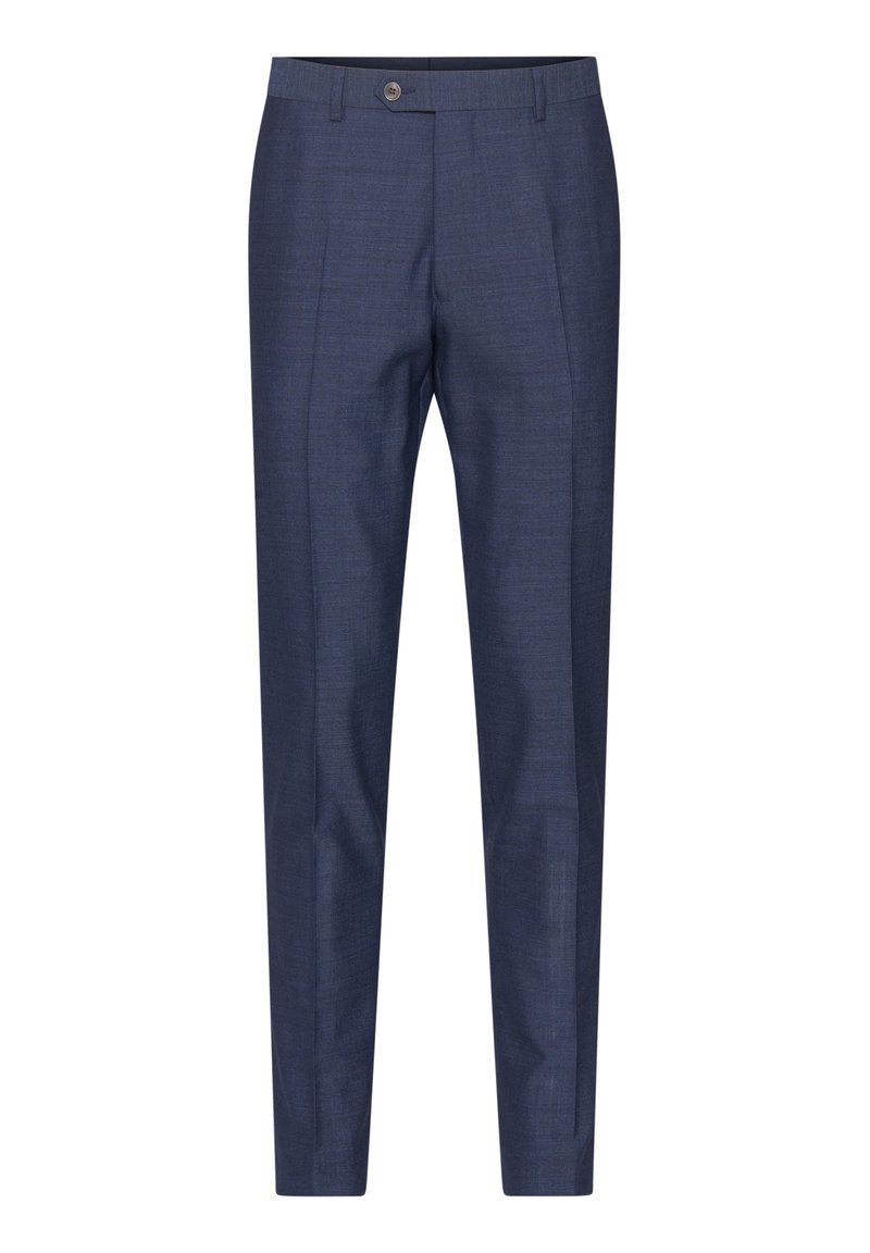 Marineblaue maßgeschneiderte Hose mit glatter Textur, geradem Schnitt, zwei vorderen Falten und einem einzelnen Knopfverschluss.