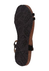Sandalia negra con plantilla de corcho, que cuenta con una suela de goma texturizada con el logo "PLAKTON" grabado y dos correas ajustables para un ajuste seguro.