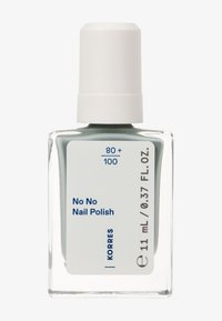Lo smalto per unghie Korres No No in una bottiglia di vetro trasparente da 11 mL con un tappo bianco. Colore verde chiaro con testo blu sull'etichetta.