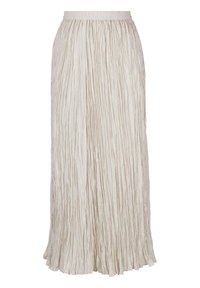 Plissé lange rok van lichtbeige stof, met een gestructureerd oppervlak en een elastische tailleband voor comfort. Valt tot op de enkel.