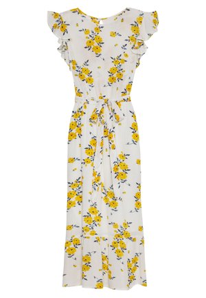 Valkoisesta kankaasta valmistettu kukallinen maksimekko, jossa on keltaisia ja sinisiä kukkia. Mekossa on röyhelöhihat, vyötärönauha ja levenevä helma. Pehmeä koostumus.