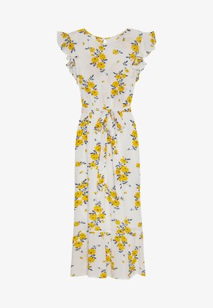 Sukienka maxi w kwiaty na białym materiale z żółtymi i niebieskimi kwiatami. Posiada falbanki na rękawach, wiązany pasek w talii oraz rozkloszowany dół. Miękka w dotyku.