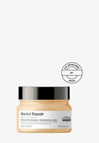L'Oréal Professional Absolut Repair hair mask in a clear jar with a black lid. Creamy texture, labeled for dry and damaged hair, 250 ml.