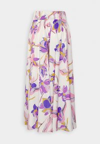 Biała spódnica z elastycznym pasem, charakteryzująca się luźnym krojem i kwiatowym wzorem w odcieniach fioletu, różu i musztardowej żółci.