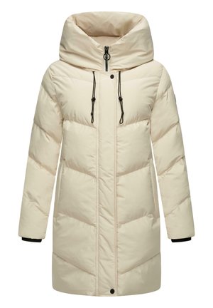 Doudoune beige clair, au design long, avec col montant, fermeture éclair, cordons de serrage et motif matelassé en chevrons.
