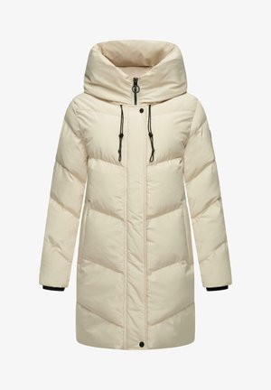 Pufová bunda v svetlo béžovej farbe, s dlhým strihom, vysokým golierom, zipsom, šnúrkami a vzorom v tvare chevron.
