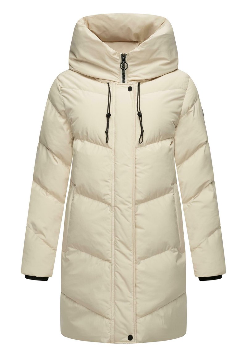 Puffjacka i ljusbeige, med en lång design, hög krage, dragkedjestängning, dragsnören och chevronquiltat mönster.