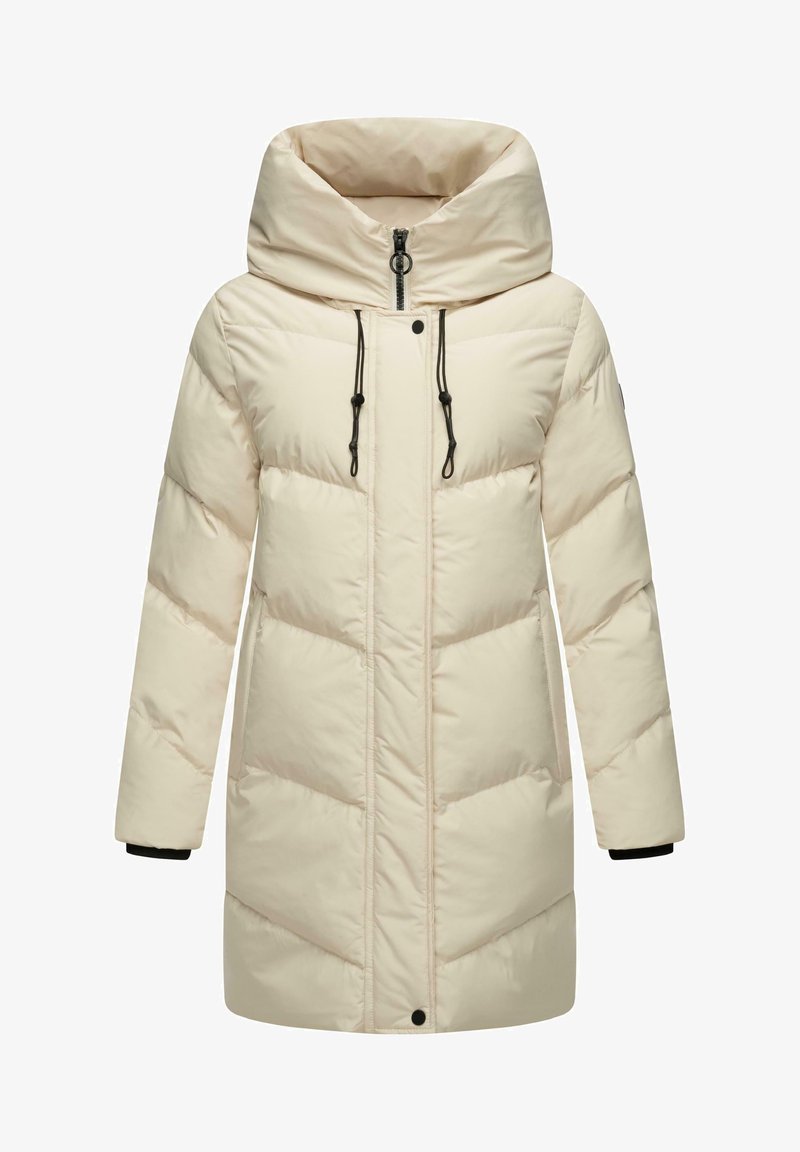 Puffervest i lys beige med lang design, høj krave, lynlås, snoretræk og chevron-quiltet mønster.