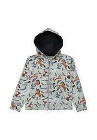 Giacca zip-up azzurra chiara con motivo di cavalli e fogliame, dotata di cappuccio e foderata scura. Realizzata in tessuto morbido con polsini elasticizzati.