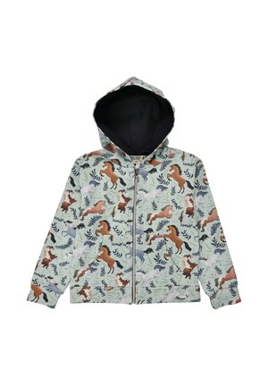 Helleblaue Zip-Jacke mit einem Pferde- und Laubmuster, Kapuze und dunkler Fütterung. Aus weichem Stoff mit elastischen Bündchen gefertigt.